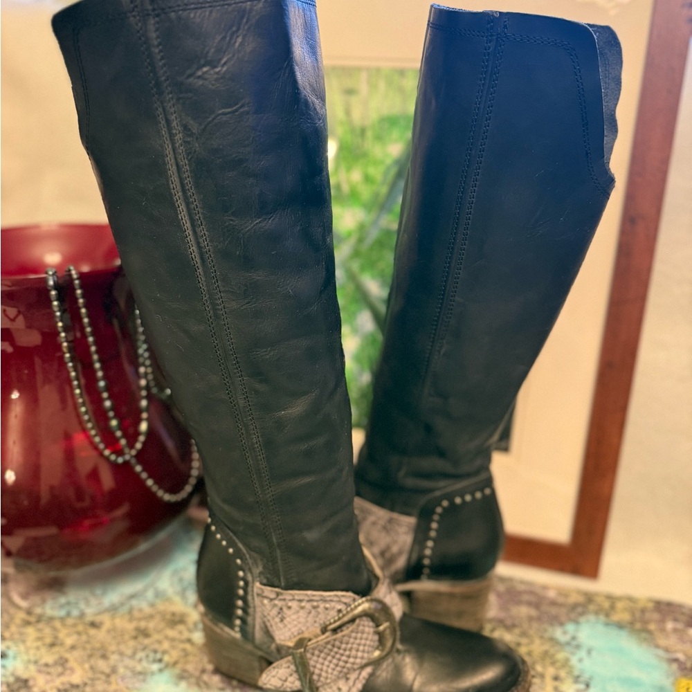 Freebird Sabina Boots by Steven. size 7. EUC. Snakeskin buckles. - Picture 2 of 3